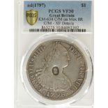 Dollar, Mexico 8 Reales 1796 with oval countermark. PCGS slabbed as VF30 with c/m XF details