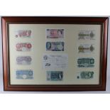 Collection of GB Banknotes in a large frame, very well presented with dates of issue written