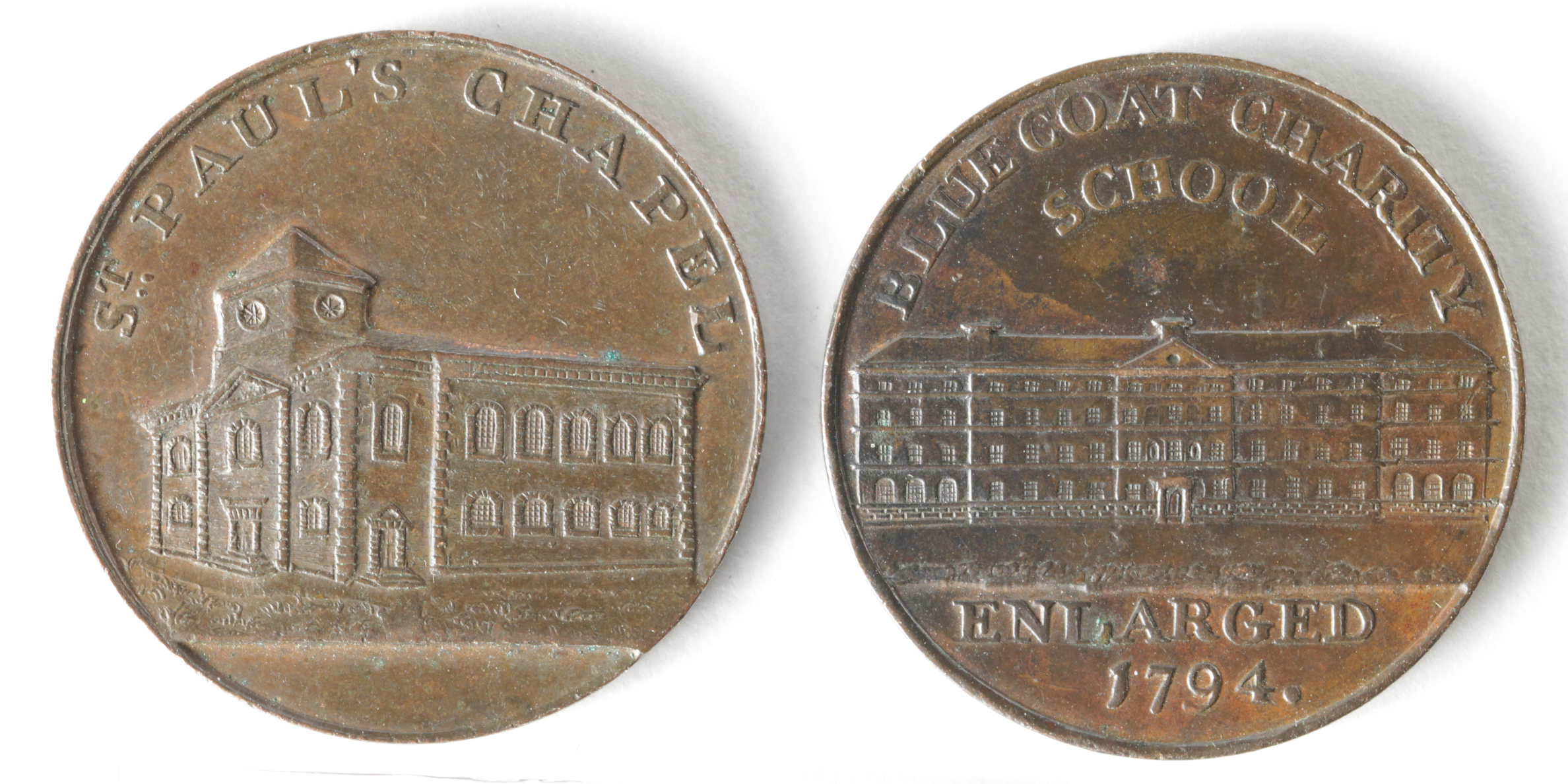 Tokens, 18thC (2): Birmingham, Kempsons: Blue Coat Charity School Enlarged 1794 VF-GVF, and St Pauls - Image 2 of 2