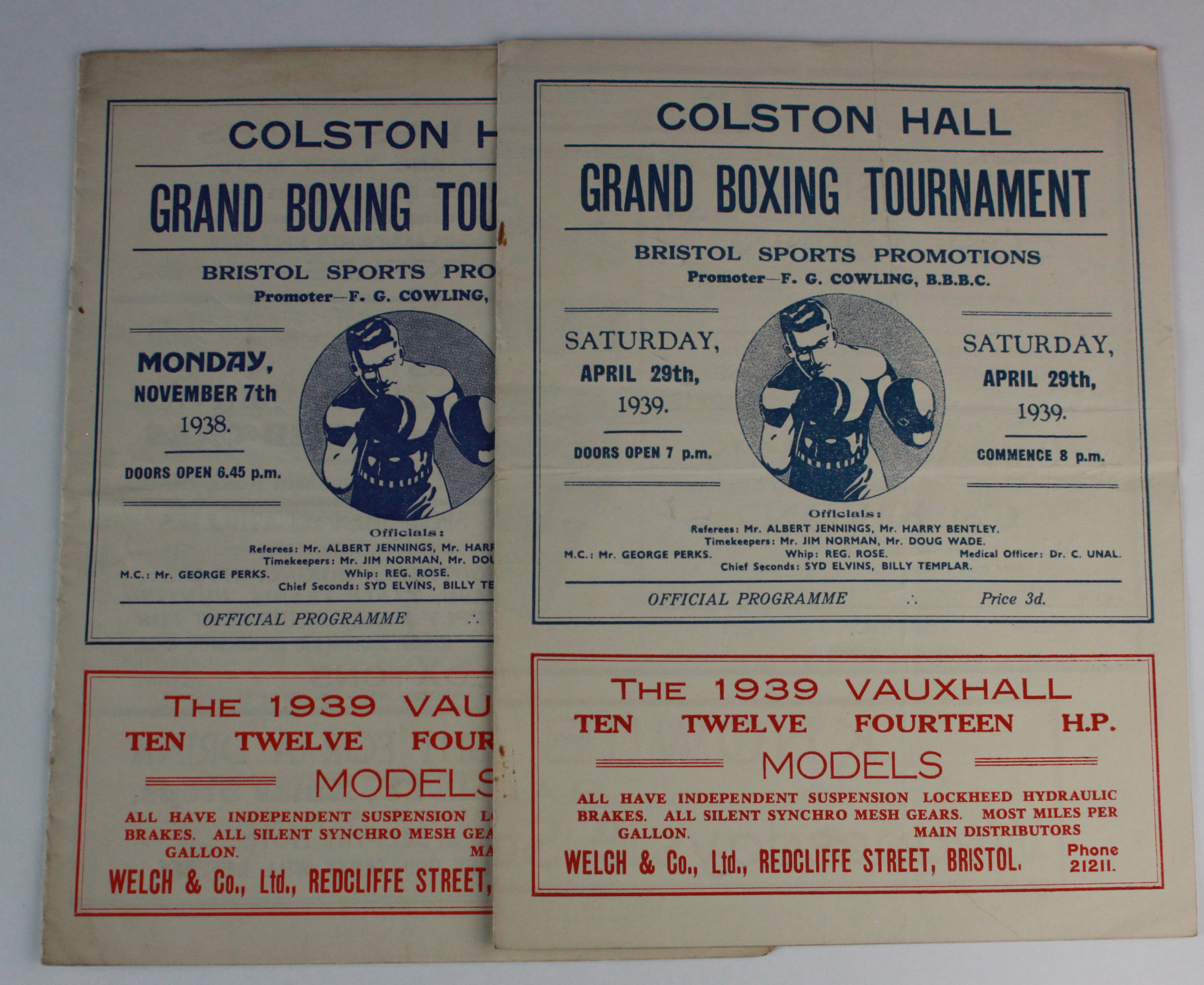 Boxing programmes - Colston Hall 7/11/1938 and 29/4/1939 (2)