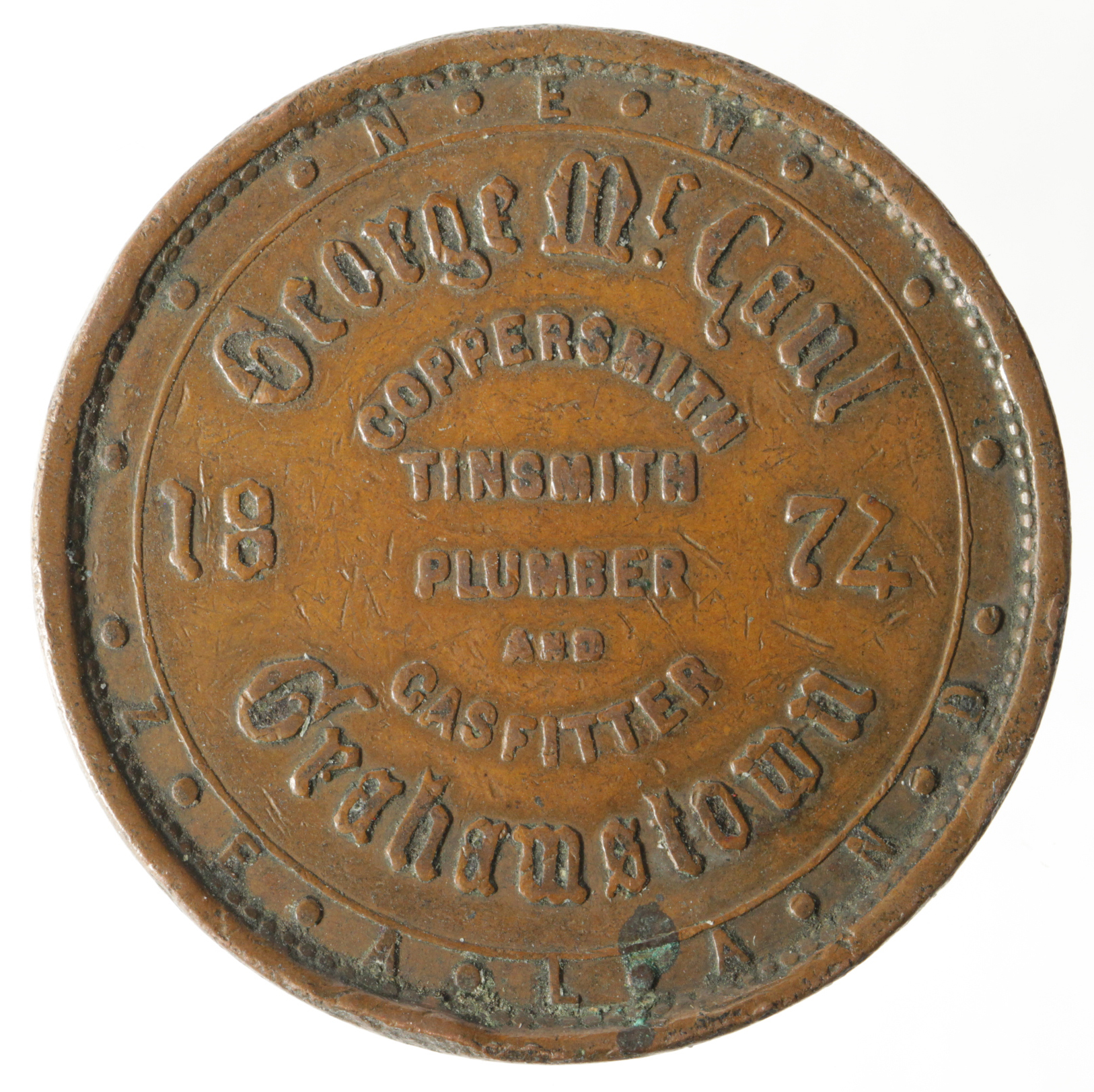 New Zealand, George McCaul, Grahamstown Penny Token 1874, GF/nVF, edge knock. - Image 2 of 2