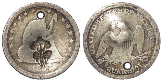 Puerto Rico (?) Countermarked Coin : USA silver Seated Liberty Quarter 1857 VG holed.