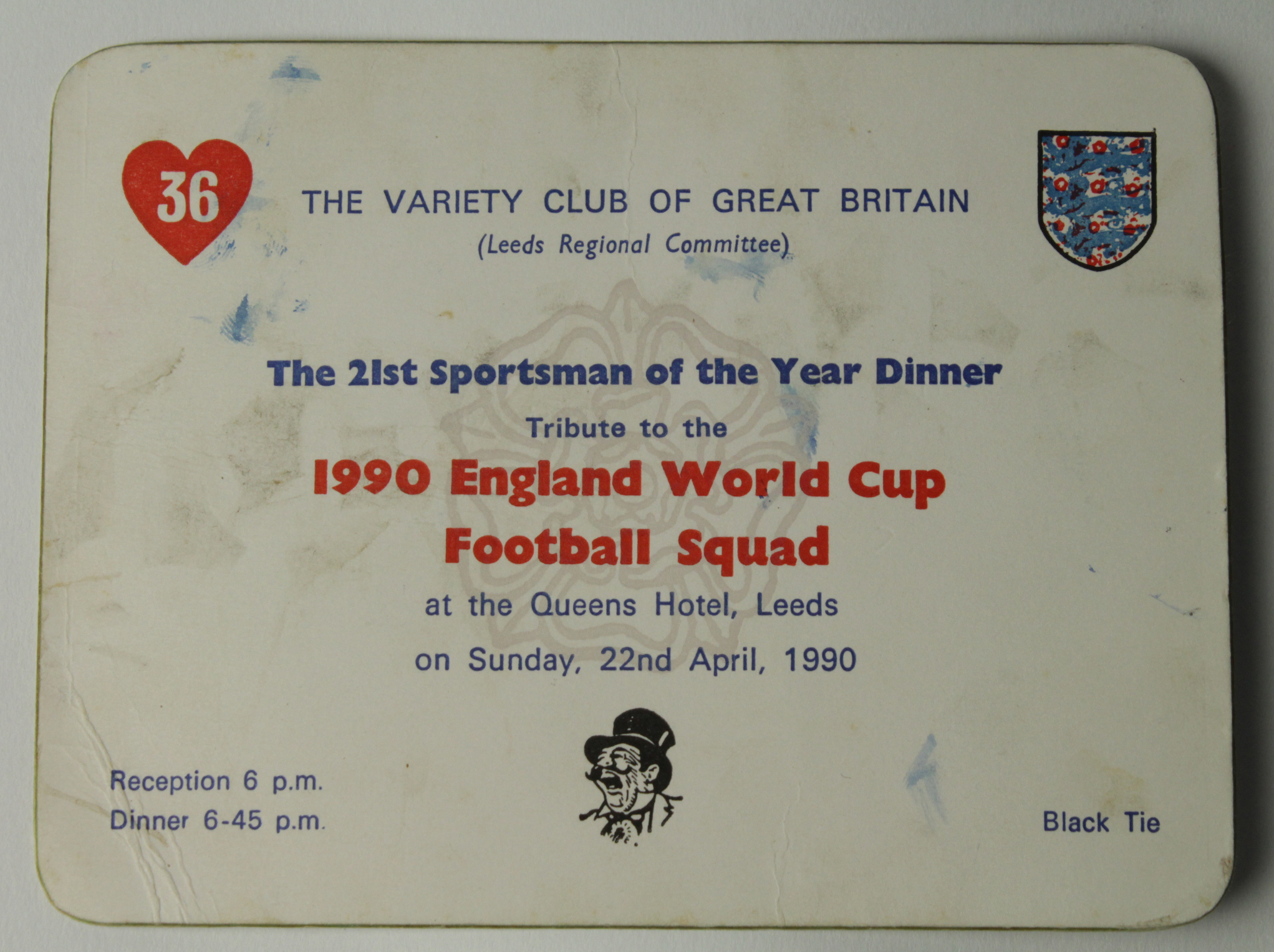 England World Cup Squad 1990, tribute dinner at Queens Hotel, Leeds, 22/4/1990. Invitation to 21st