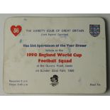 England World Cup Squad 1990, tribute dinner at Queens Hotel, Leeds, 22/4/1990. Invitation to 21st