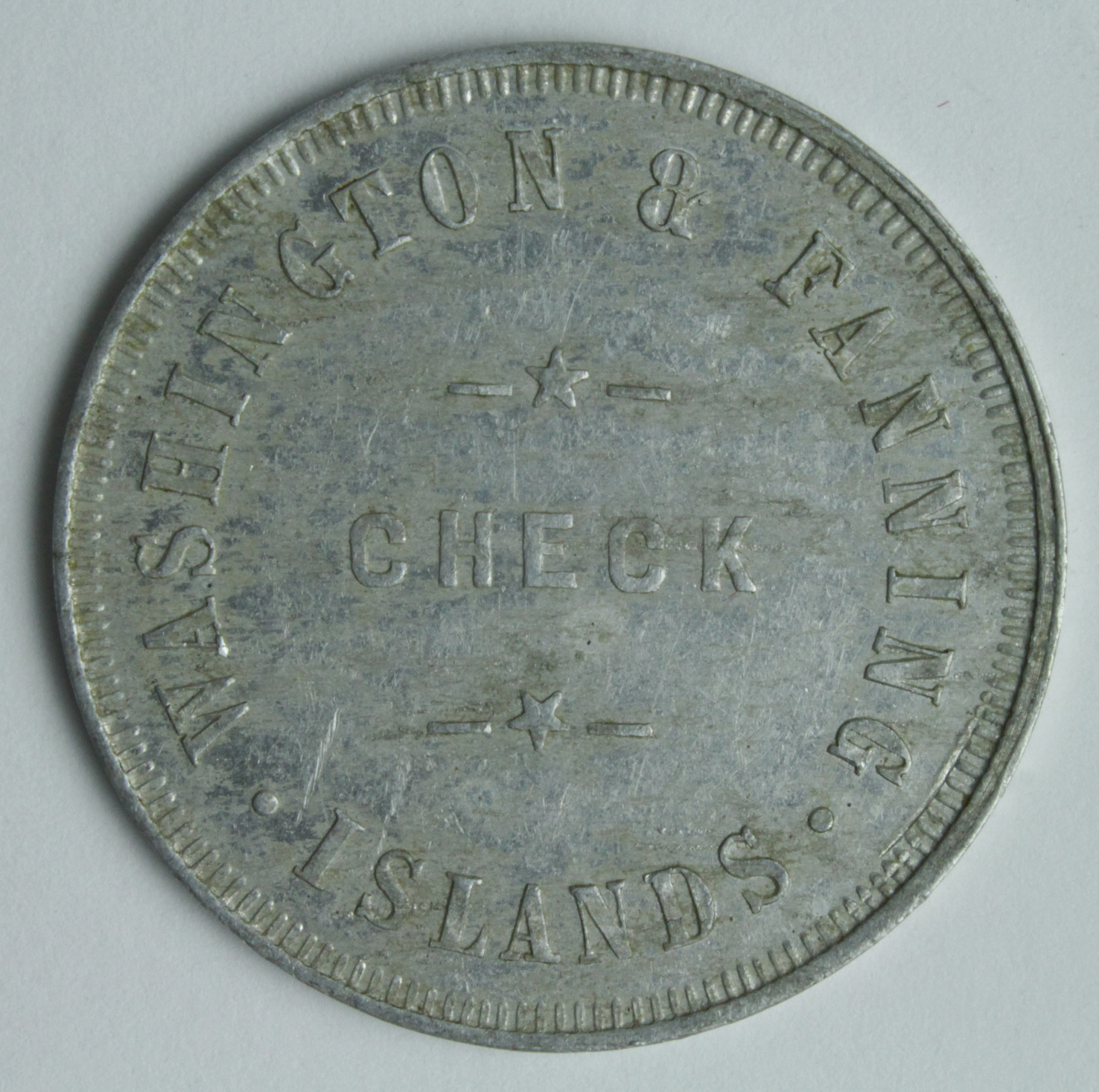 USA Washington & Fanning Islands One Dollars Check (c.1890) VF struck in aluminium, with a trace - Image 2 of 2