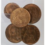 GB Bronze (5) Edward VII Pennies 1903, 1907 x3, and Halfpenny 1907, EF with lustre.