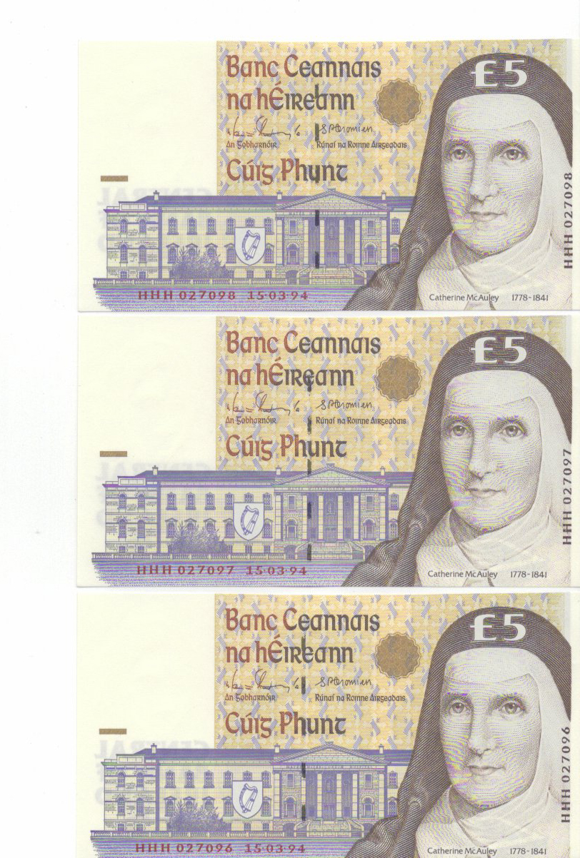 Ireland (Republic) £5s (3) All P75 "HHH" replacement issues. Unc consecutive numbers
