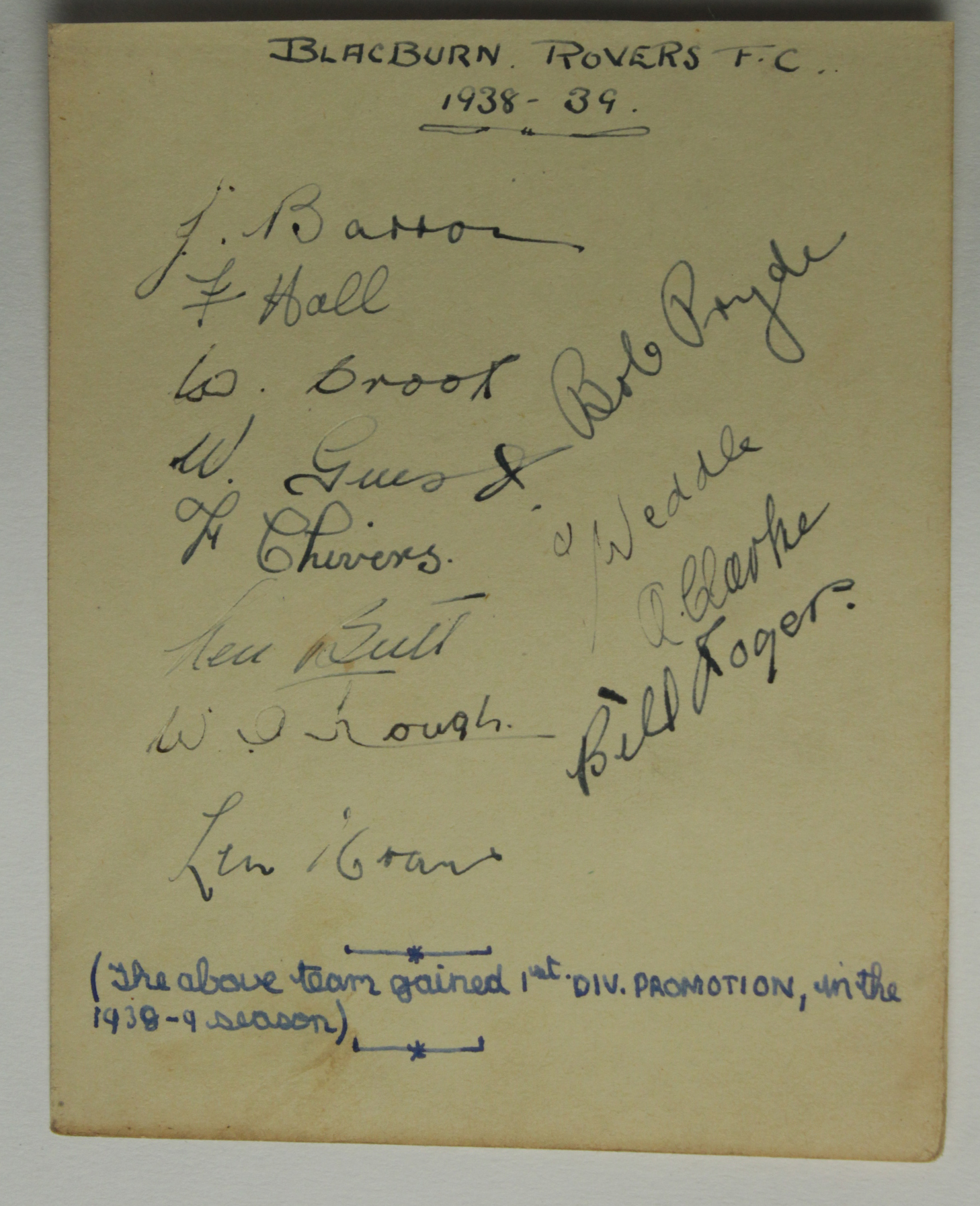 Blackburn Rovers autograph sheet in ink 1938/39 signed by 12 players including Barron, Hall, Weddle.