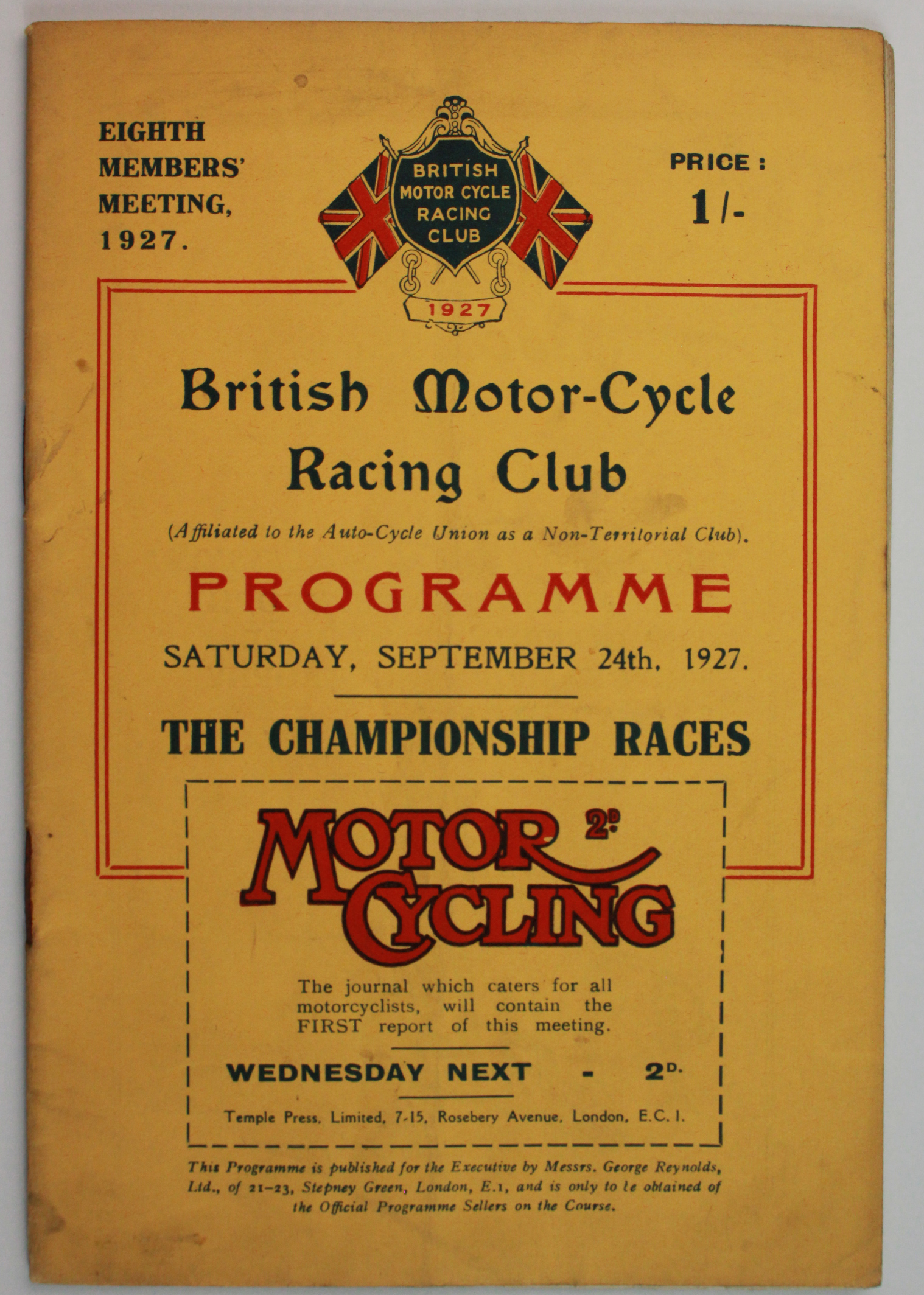 Brooklands British Motor Cycle Racing Club programme 24 September 1927