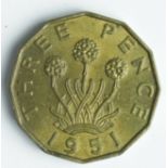Brass Threepence 1951 Peck 2396 Unc with good subdued lustre, scarce in this grade