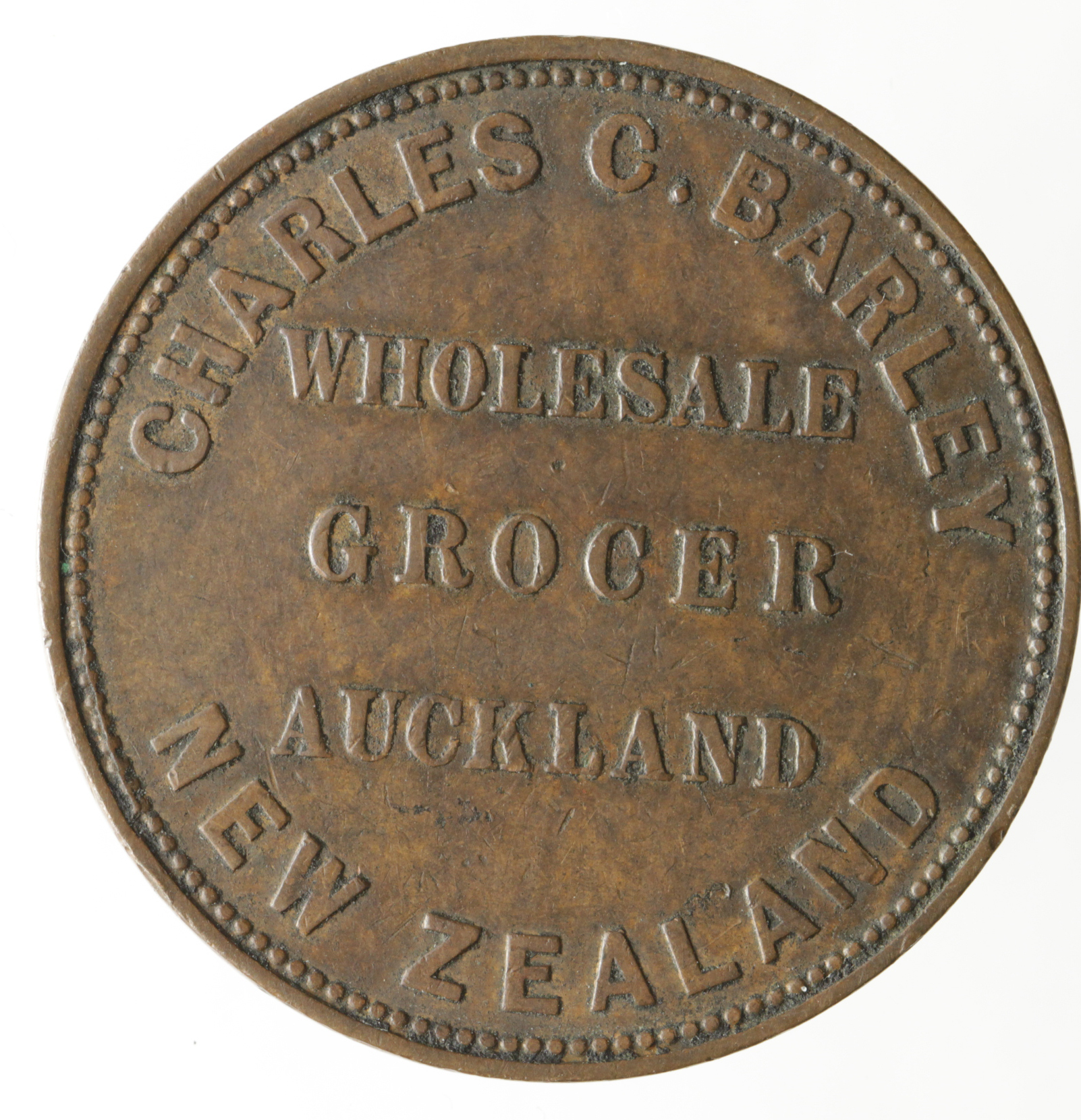 New Zealand, Charles C. Barley, Auckland Penny Token 1858 VF