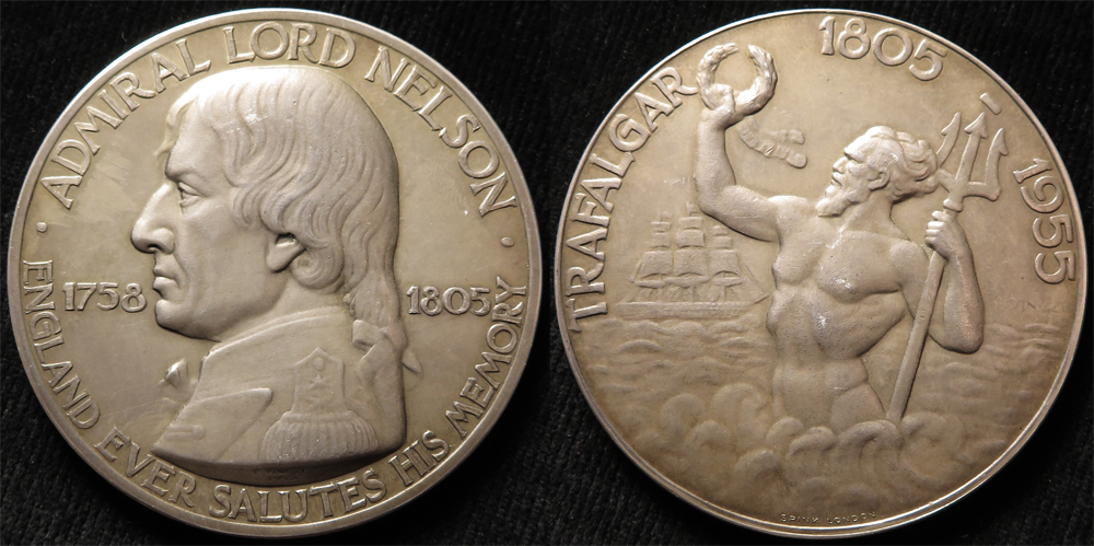 Battle of Trafalgar 150th Anniversary 1955 silver medal d.58mm, by P. Vincze, Eimer no. 2095a. EF.