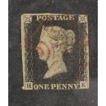 GB 1840 1d Penny Black (H-E) identified as likely Plate 8, 2 margins, no tears thins or creases, red