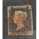 GB 1840 1d Penny Black (E-E) identified as likely Plate 1b, 3 margins, no tears thins or creases,