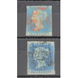 GB - 1840 Two Pence Blue Plate 2 (J-G) three margins, small cut N/E corner, fair used, and another