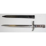 Bayonet: a Swiss Model 1889 bayonet by Hackman & Co. Blade 30cms. In its fluted steel scabbard. In