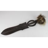 Central Africa Tribal Art - Congolese short sword / knife, double edged blade with fur pommel, of