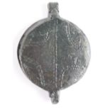 Mediaeval mirror case c.34mm., with dot punch decoration, never been opened, even blackish patina