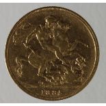 Sovereign 1885M, St. George, Melbourne Mint, Australia, Fine.
