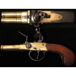 Double barrelled, side by side, flintlock tap action, all brass box lock greatcoat pistol, by Twigg,