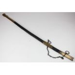 Brass mounted leather scabbard for a naval sword. Leather and stitching good. Length 30", blade