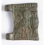 Mediaeval buckle plate decorated with standing bird before a wine flagon?, foliage in the