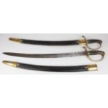 A pair of mid Victorian Constabulary Swords, curved spear pointed blades 23½", brass stirrup
