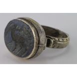 Post Medieval Silver Ring with Blue-Green Seal Stone in Bezel, Post Medieval, c. 19th-20th Century