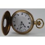 Gents gold plated half hunter pocket watch, the white dial with roman numerals and subsidiary second