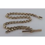 9ct gold hallmarked "T" bar pocket watch chain. Approx length 34.5cm, weight 24.4g