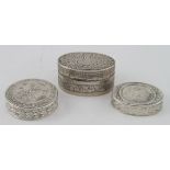 Three silver Boxes, one unmarked, one marked 800 and one marked 930 with import marks for Chester,
