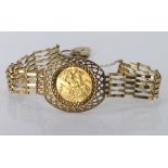 1982 half sovereign in lattice bracelet mount on gate link bracelet with heart padlock clasp and