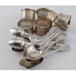 Silver. A collection of silver teaspoons & napkin rings, many Victorian hallmarked Newcastle, weight