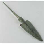 Bronze Age Spearhead , C. 1200 - 800 B.C. Cast bronze spearhead with integral midrib and tang.