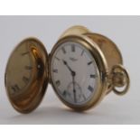 Gents Waltham gold plated full hunter pocket watch in the Dennison "Moon" case circa 1932, the white