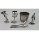 Mixed assortment of white metal items to include spoons, bowl, figures etc. All AF