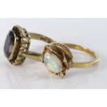 10ct yellow gold ring set with opal and diamonds, size O, weight 2.8g. 8ct yellow gold garnet