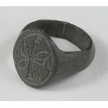 Medieval French Ring with Cross , ca. 1400 AD, oval band with applied large bezel depicting a cross.