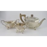 Silver three piece tea set comprising, teapot, sugar bowl & milk jug, hallmarked 'E.V., Sheffield