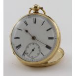 Gents 18ct open faced pocket watch, hallmarked London 1883.The white enamel dial with Roman numerals