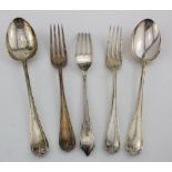 Two silver tablespoons and three silver table forks, all hallmarked O&B Ltd., Sheffield 1941. Weight