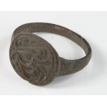 Late Medieval Heraldic Seal Ring , ca. 1500 AD, oval band with inegral bezel depicting a coat of