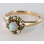 14ct Gold Opal/Emerald/Seed Pearl Ring size L weight 2.4g