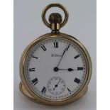 Gold plated Elgin cased Waltham open face pocket watch, white enamel dial with Roman numerals,