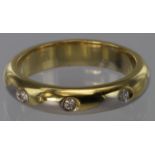 18ct two colour gold wedding band ring set with three diamonds, size L, weight 6.4g