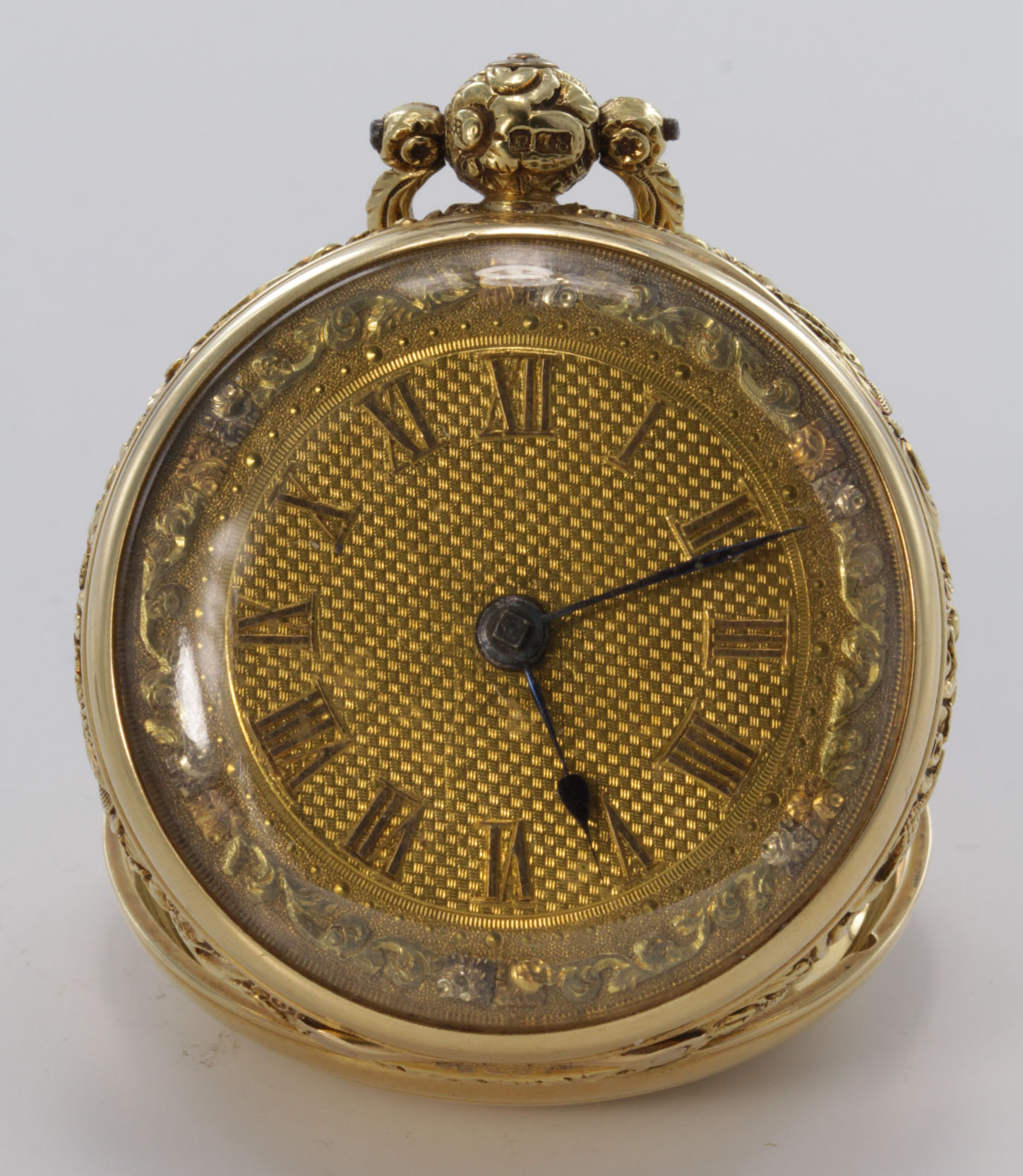 George IV 18ct cased open face pocket watch, hallmarked 1825. The gilt dial with gilt roman