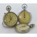 Three Military issue pocket stopwatches the first a nickel cased example, the dial with Arabic