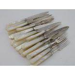 Silver & Mother of Pearl Twenty-four piece fruit knife & fork set (twelve knives & twelve forks),