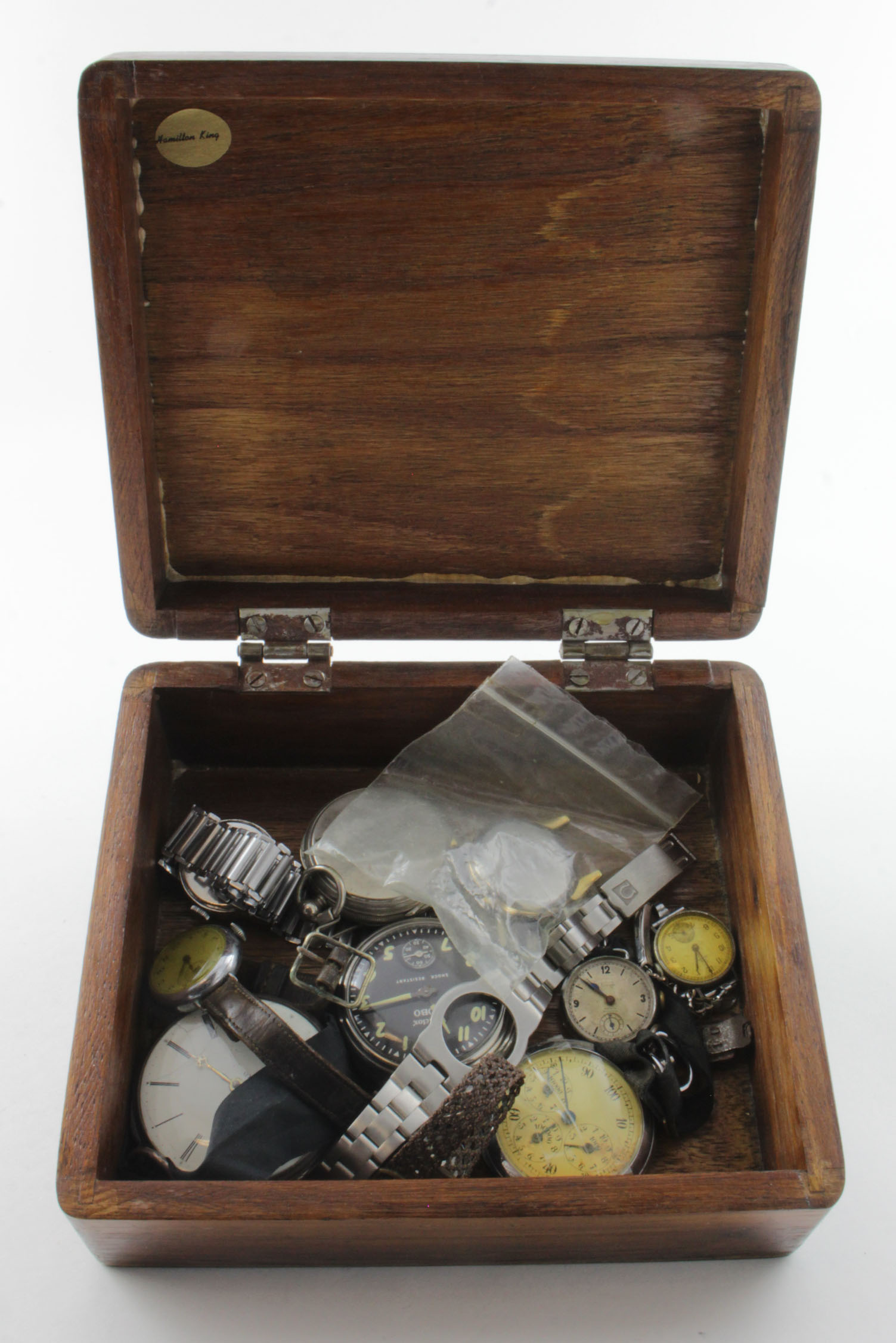Small box containing a mixture of wrist/pocket watches, includes a tudor example in poor condition &