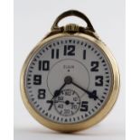 Gents 10k gold filled open face pocket watch by Elgin circa 1928. The signed white dial with bold